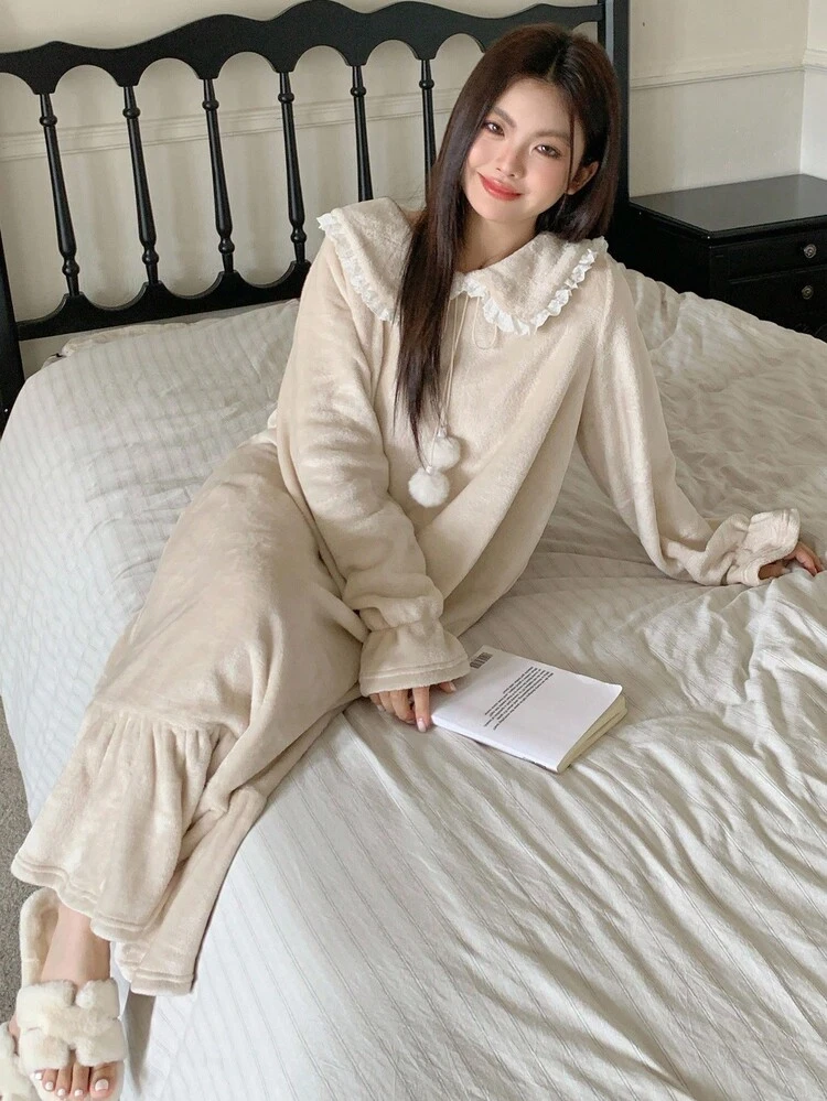 Dazy Plus Thermal Lined Loose Dolman Sleeve Maxi Fluffy Nightgown, Plus Size Women Sleepwear, Fall Winter, Cozy, Moo Moo Night Dress