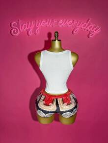 Slaydiva Women's White Summer Streetwear Lounge Two Piece Set, Crop Racerback Tank Top & Red Geometric Print Fuzzy Low-Rise Bodycon Shorts,Bohemian Outfit - Red - View 2