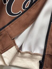 Playful Pals 男童棕色领子字母印花长袖夹克，适合秋冬季的休闲日常外套，百搭