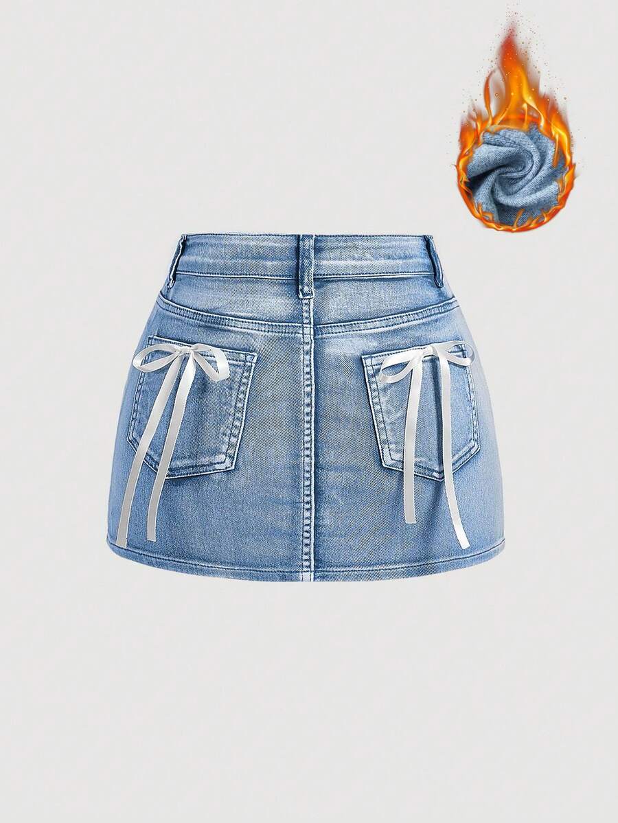 SHEIN MOD Chân váy denim giặt thường ngày có nơ trang trí cho nữ - Màu xanh lam - Xem 1