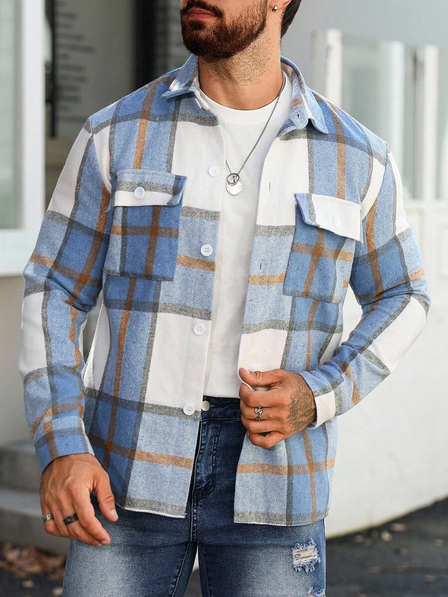 Manfinity Homme Casual Blue & White Plaid Pocket Men's Long Sleeve Shacket Flannels For Men Blue Flannel Shacket, Fall - Blue and White - View 1