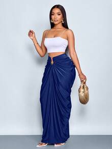 SOLERSUN 女士时尚纯色褶皱半身裙 - 藏蓝色 - 查看 3