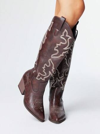 Fairycore Women's Autumn/Winter New Pointed Toe Chunky Heel Vintage Embroidery Details Ankle Boots, Leather Outdoor Fashion Slip-On Western Cowboy Boots