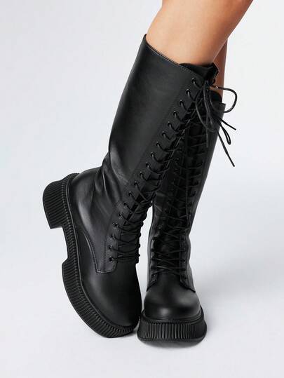 Goth Botas altas para mujer con cordones, de tacón grueso y suela gruesa