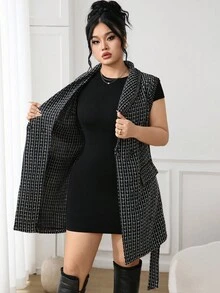 Modelyn 大码女式格子无袖披肩领优雅夹克，秋冬厚羊毛面料 - 黑與白 - 查看 7