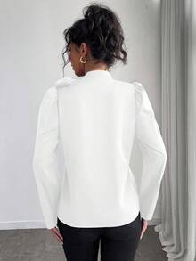 Rafferiza 女士纯色优雅百搭系带领泡泡袖衬衫 - 白色 - 查看 2