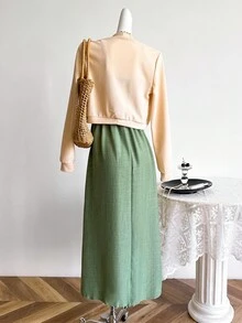 Sweetra Young 2 件套青少年女孩休闲日常约会装：长袖开衫和吊带背心连衣裙套装