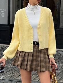 Jouncy 女式纯色V领前扣休闲百搭长袖开衫 - 黃色 - 查看 7