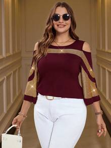 SHEIN Clasi 大码女式休闲宽松露肩黑色拼布T恤优雅女士服装 - 酒紅色 - 查看 6