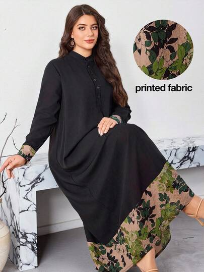 Al Najma Casual Solid Color Patchwork Floral Mandarin Collar Long Sleeve Loose Regular Spring Autumn Plus Size Women Arabic Maxi Dress