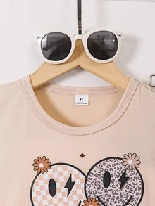 Young Girl Casual Pencil Print Round Neck Short Sleeve T-Shirt And Flare Pants Set, Summer New Arrival. Cute Face Graphic Tee, Retro Leopard Print Flare Pants, Versatile For Daily Wear And Parties - Apricot - View 6