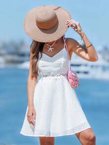 Sylviya Guipure Lace Insert Cami Dress For Summer Vacation - White - View 5