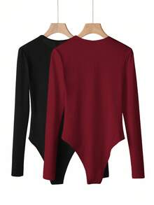 SHEIN BASICS 2pcs/Set Casual Solid Color Knit Crew Neck Long Sleeve Bodysuit For Women Summer Outfit For Women - Black - View 6