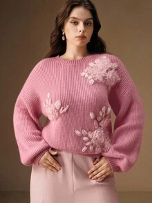 Anewsta 新款加厚套头毛衣，秋冬畅销款，时尚3D立体花卉针织圆领毛衣，宽松舒适针织上衣，大码毛衣外套，女士冬季服装 - 粉色 - 查看 3