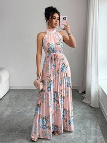 Elenzga Váy chữ A in hoa thanh lịch, lãng mạn, không tay, eo yếm dành cho nữ - Nhiều màu - Xem 4