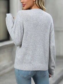 EMERY ROSE Women's Knitted Beaded Round Neck Long Sleeve Pullover Sweater, Fashionable & Versatile In Fall/Winter - Grey - View 2