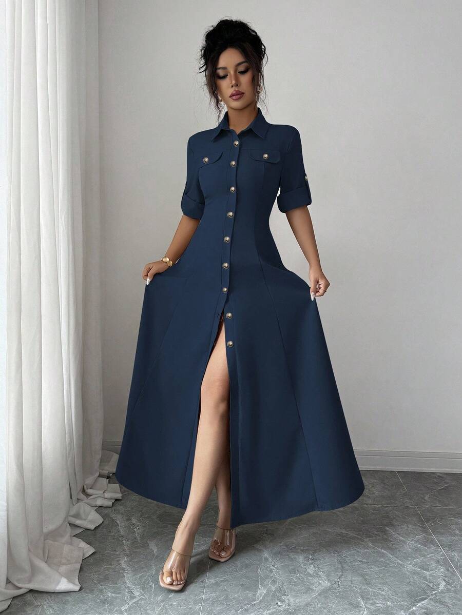 Elenzga Vestido largo de verano de unicolor con botones delanteros, casual y apropiado para ir al trabajo - azul real - Ver 1