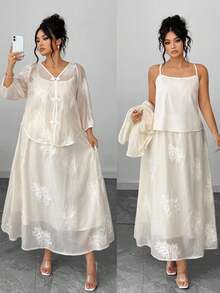 Elenzga 3 件套：中国风刺绣大码休闲短款上衣和裙子大码裙子套装大码女装 2 件白色套装大码刺绣裙子套装大码刺绣套装