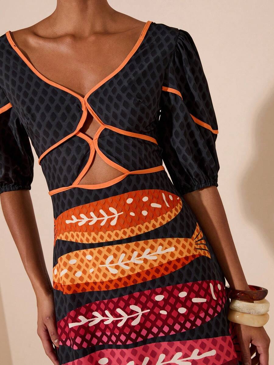 Travachic 女士度假休闲撞色印花镂空连衣裙 - 黑色 - 查看 1