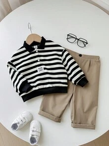 SHEIN 2 件男婴秋冬可爱百搭条纹长袖领运动衫和松紧腰休闲裤套装，适合生日派对、狂欢、晚会、表演、婚礼、宝宝满月、洗礼和 1 岁生日庆祝活动 - 彩色 - 查看 3