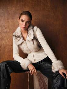 MOTF PREMIUM CONTRAST FUZZY PANEL ZIP PLACKET CARDIGAN - White - View 2