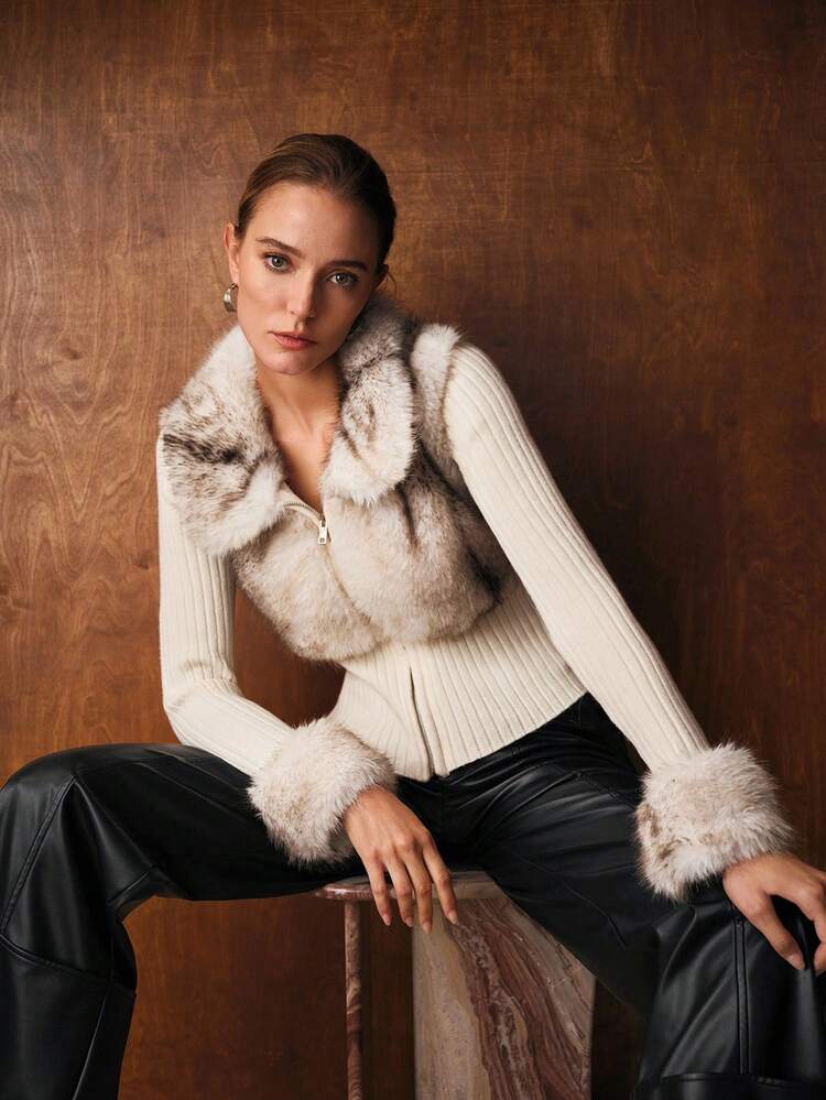 CONTRAST FUZZY PANEL ZIP PLACKET CARDIGAN