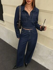 Jeanoix 女式长袖休闲口袋水洗牛仔短款上衣 - 深色水洗藍 - 查看 3