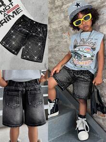 SHEIN 男童秋冬Y2K复古都市街头酷炫风做旧百慕大牛仔短裤，黑色水钻装饰，宽松版型，适合日常穿着，返校季、返校舞会、街头风、秋冬童装、万圣节、夜间外出、圣诞节等场合。 - 黑色 - 查看 2