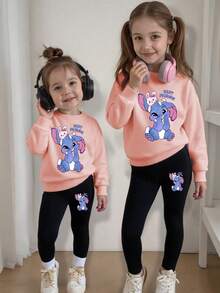 SHEIN 2件套女童加厚抓绒圆领卫衣和打底裤套装，图案T恤，冬季服装，秋季时尚连帽衫，猫咪爱心图案 - 粉色 - 查看 8