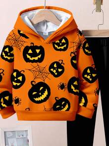 SHEIN 2 件套年轻男孩休闲经典时尚万圣节南瓜、蜘蛛、蝙蝠图案印花宽松套头连帽衫运动衫，适合秋冬季万圣节服装 - 彩色 - 查看 4