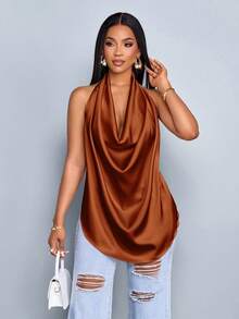 SOLERSUN Áo vest dệt vải dệt kim cổ chữ V sâu màu mơ bóng dành cho nữ mùa xuân và mùa hè, áo vest hở lưng, cổ bẻ, viền cong - Rỉ Nâu - Xem 4