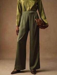 Vesra 女士时尚百搭隐形拉链亮面光滑面料休闲直筒阔腿裤 - 軍綠色 - 查看 3