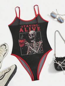 Y2Kool Eduely 艺术家风格暗黑骷髅字母图案撞色包边网纱吊带连体衣，适合夏季、假日、度假、海滩、音乐节、伊比沙岛等场合，秋季休闲外出搭配，时尚服装系列，新年装扮，辣妹风黑红上衣，春季服装，女士生日装，女士狂欢节服装。 - 黑色 - 查看 6