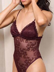 lacRébo Sheer Lace Bodysuit With Ruffled Triangle Cups - Purple - View 4