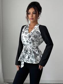 Elenzga Women's Elegant Floral Print Patchwork Black Raglan Sleeve Deep V-Neck Belted Fitted Blouse, Spring/Autumn Fall Cloth For Women - Black and White - View 3