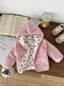 Baby Girl Pink Hooded Zipper Long Sleeve Jacket, Autumn/Winter Fall - Pink - View 1