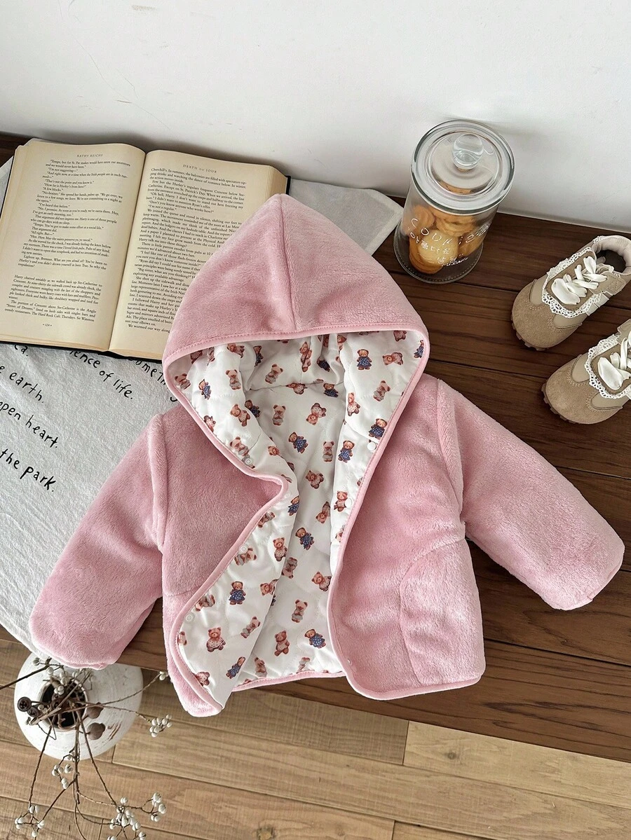 Baby Girl Pink Hooded Zipper Long Sleeve Jacket, Autumn/Winter Fall - Pink - View 1
