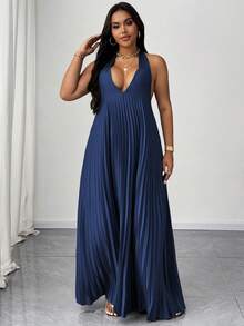 Maweii Vestido de satén plisado con lazo, elegante y sexy para vacaciones de verano, talla grande - Azul Marino - Ver 4