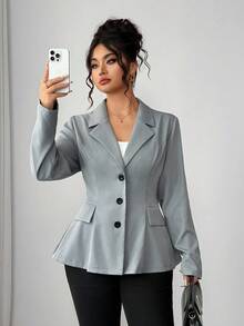 Elenzga 大码女装优雅通勤热销面料灰色提花设计公主线缝腰部开叉A字形仿口袋长袖简约百搭多场合舒适面料独特风格高性价比 - 灰色 - 查看 5