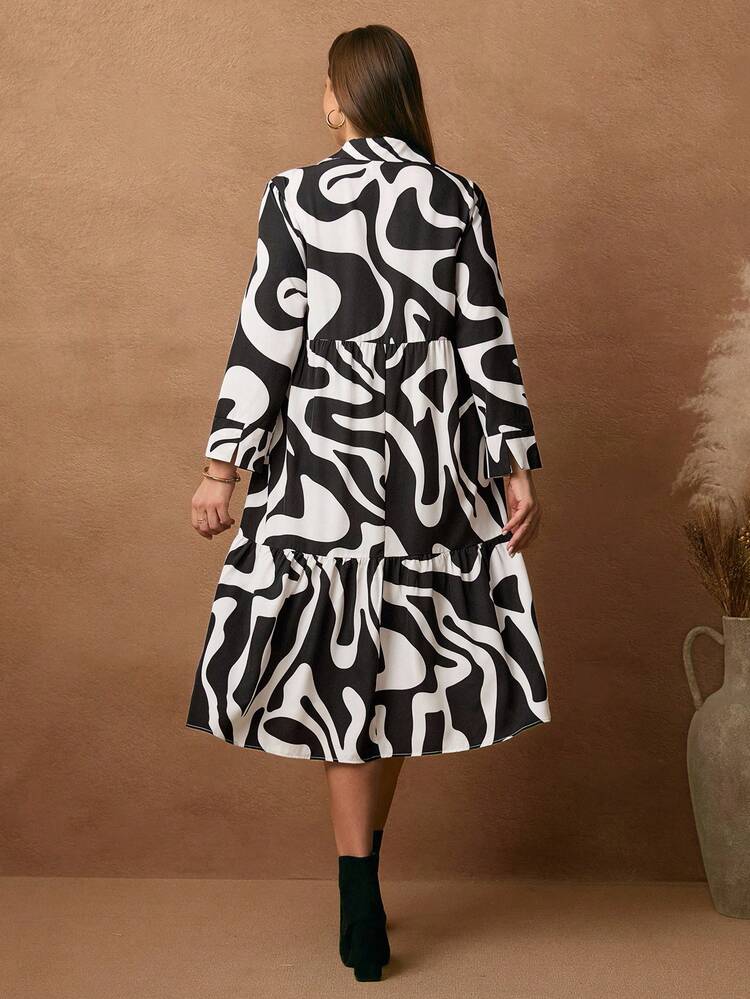プラスサイズ カジュアル ミニマリスト ランタンスリーブ アシンメトリー柄プリント ミドル丈 ウエストシンチ ドレス