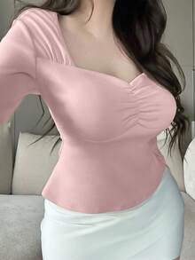 Flirla Plus Size Padded Long Sleeve Ruched Fitted Sexy Minimalist T-Shirt Fall Cloth For Women - Pink - View 6