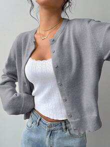 SHEIN BASICS 女款休閒素色圓領長袖寬鬆短版針織開襟外套 冬季外套 - 灰色 - 查看 7
