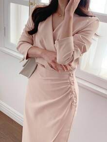 DAZY Women V-Neck Waist Cinched Mid-Length Shirt Dress