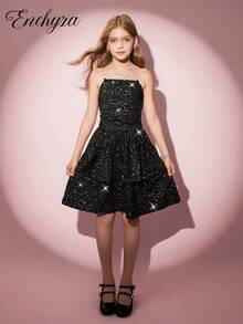 褶皱无袖迷你连衣裙，全新夏季设计，亮片和荷叶边下摆，无肩带 - 黑色 - 查看 4