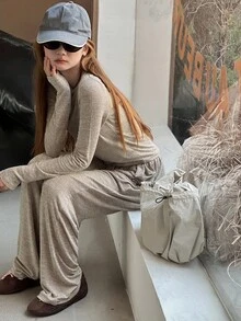 DAZY 2 件套青少年女孩休闲直筒裤和 T 恤套装，舒适简约，秋季 - 灰色 - 查看 2