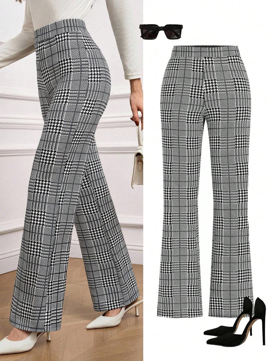 Ellevyn Autumn Elegant Women's Plaid Printed Elastic Knitted Pants, Versatile For Various Occasions Such As Summer Vacation, Elegant Travel, And Daily Commuting Gray Pants,Fall - Black and White - View 1