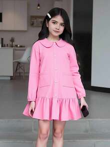 Tween Girl Fuchsia Peter Pan Collar Long Sleeve Ruffle Hem Casual Cute Sweet Pleated Dress - Hot Pink - View 11