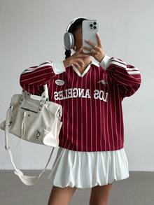 SHEIN 少女休闲日常街头时尚酒红色运动衫长袖上衣和碎花荷叶边半身裙套装 - 酒紅色 - 查看 5