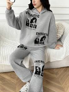 SHEIN 2 件套青少年女孩厚羊毛宽松休闲街头风格肖像和标语印花连帽衫和宽松抽绳裤，适合秋冬季居家、上学、外出，灰色 - 淺灰色 - 查看 5