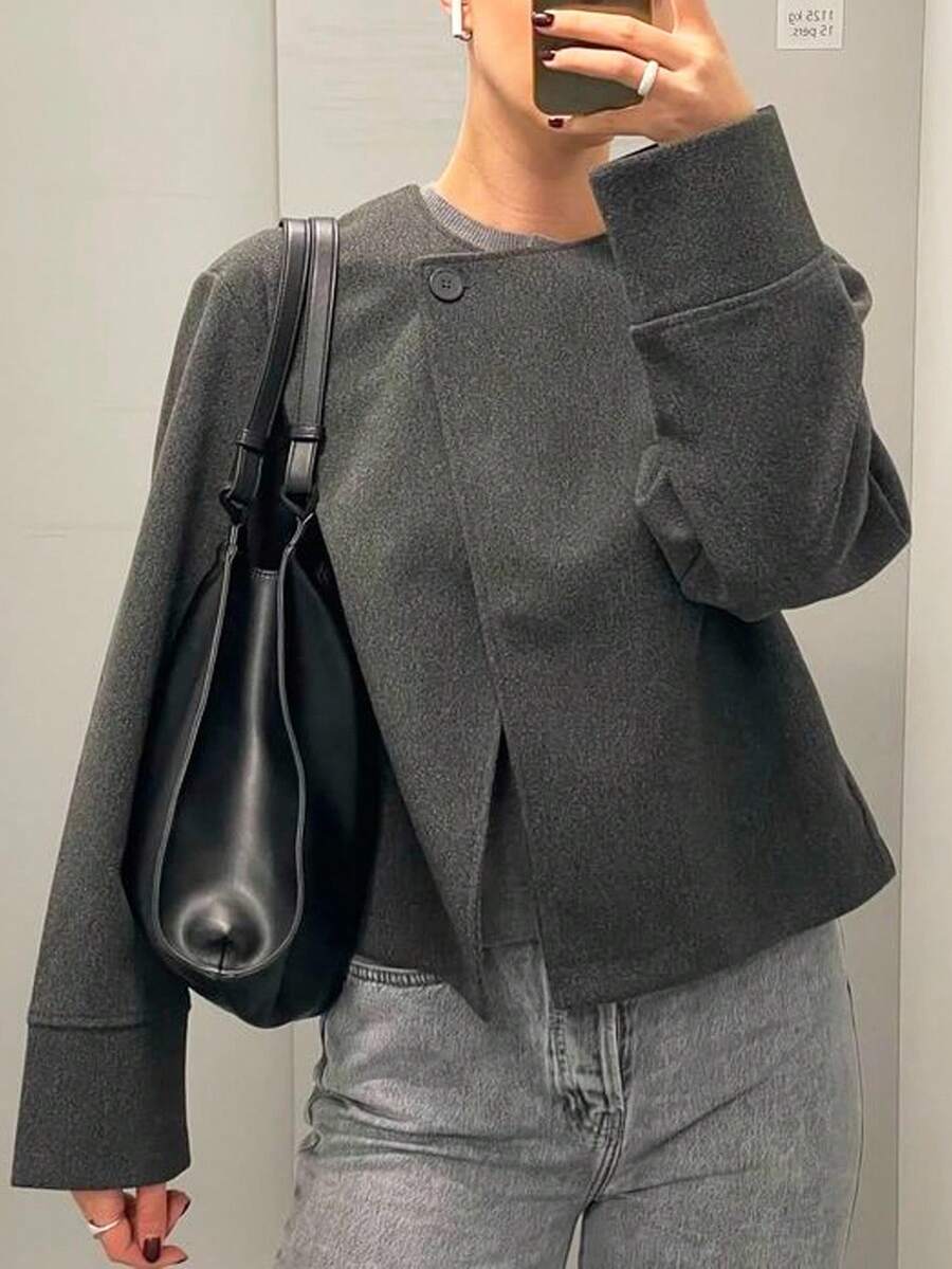 Siren Gaze 女士短款灰色大衣，秋冬季 - 深灰色 - 查看 1